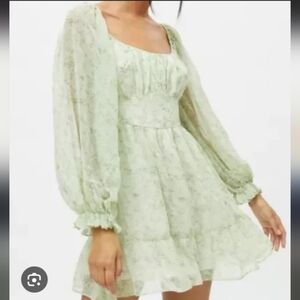 Urban Outfitters Kiss The Sky Flowy Ruffle Sheer Long Sleeve Tiered Sage Dress L
